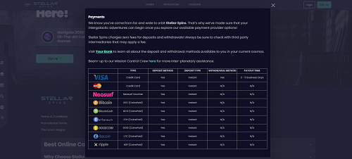 stellar spins casino payment methods